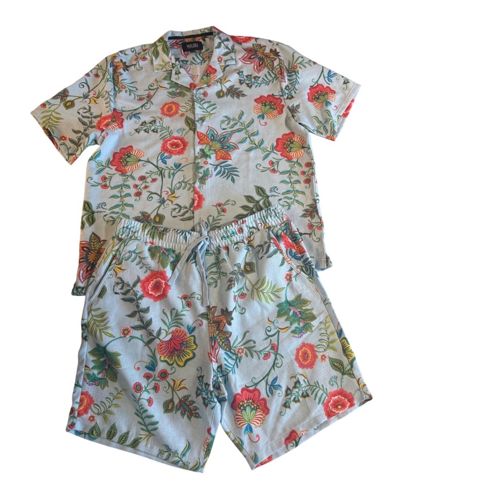 Malibu by Drill Clothing Co Mens XL Floral Camp Shirt and Shorts 2 Piece Blue - Picture 10 of 14